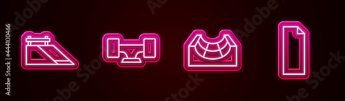 Set line Skate park, Skateboard wheel, and Grip tape on skateboard. Glowing neon icon. Vector