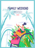 Family weekend in amusement park banner or card template, flat vector illustration. People riding roller coaster in amusement park, fair carnival. Weekend joint family activity.