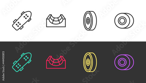 Set line Skateboard, park, ball bearing and wheel on black and white. Vector