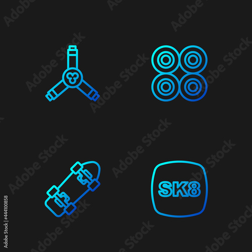 Set line Skateboard, , Y-tool and wheel. Gradient color icons. Vector