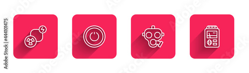 Set line Radioactive exchange energy, Power button, Gas mask and Dosimeter with long shadow. Red square button. Vector