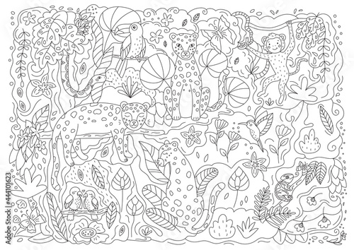 Hand drawn doodle coloring page with leopards, parrots, hummingbird, toucan, snake, monkey and chameleon. Cute cartoon characters. Exotic tropical plants and flowers. Outline vector illustration.