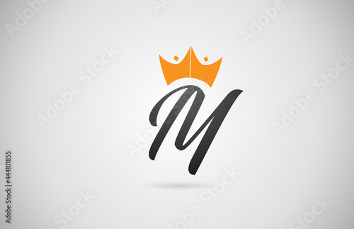hand written M alphabet letter logo icon. Business company typography with yellow king crown. Royal style
