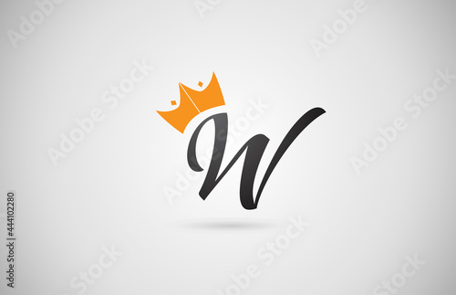 hand written W alphabet letter logo icon. Business company typography with yellow king crown. Royal style