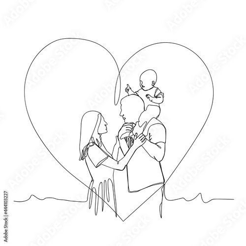 Continuous line drawing of happy family dad, mom, and child. Single line art concept of small family. Vector illustration