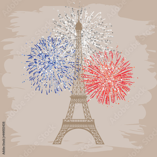 State French holidays congrats concept. Eiffel tower decorative romantic image. Monochrome silhouette and colorful fireworks explosion. Symbol of Paris city. Isolated abstract graphic design template.