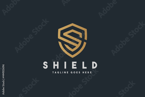 Gold Geometric Shape Initial Letter S Shield Symbol isolated on Black Background. Security Logo. Vector Illustration.