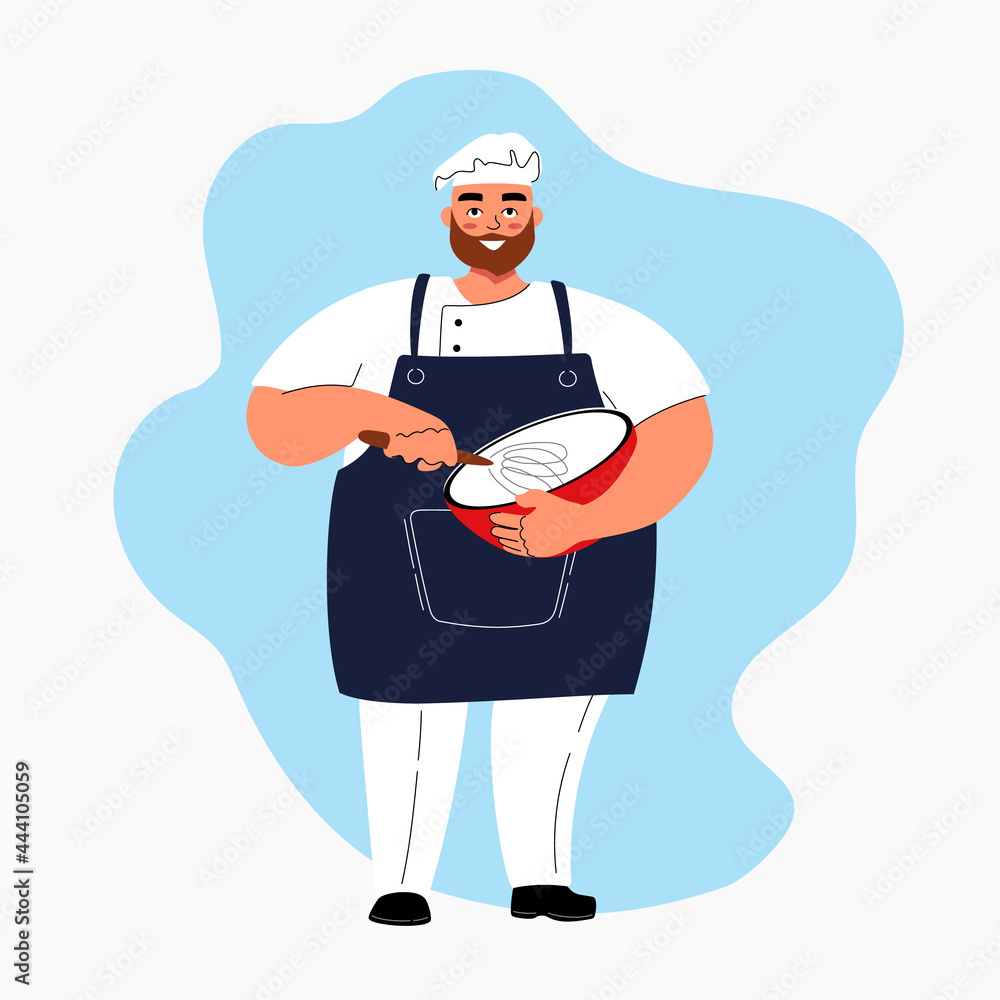 Male professional chef cooking food. Smiling man preparing dough. Vector character in cartoon style.