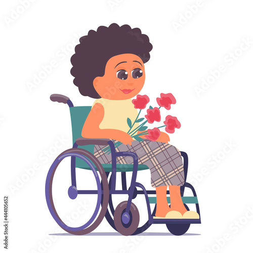 Elderly woman in a wheelchair with a bouquet of flowers. Taking care of people with disabilities. Vector cartoon isolated illustration