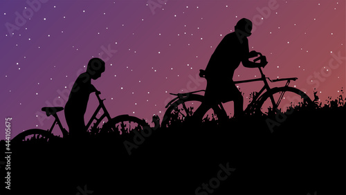 Two boy friends with bicycles in the field. They walk against the background of the night starry sky. Happy childhood. Silhouette of children. Vector illustration