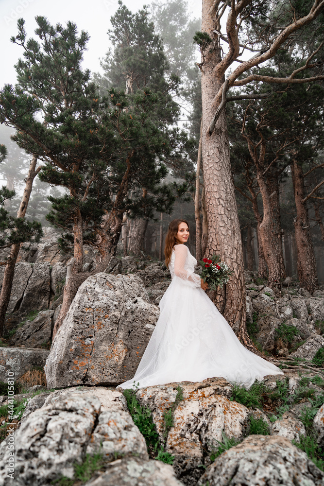 The bride with a bouquet of flowers stands on a rock in the mountain forest. The bride with a bouquet of flowers stands on a rock in the mountain forest.