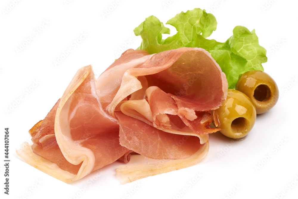 Italian prosciutto crudo or spanish jamon. Jerked meat, isolated on white background.