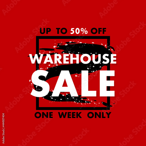 Card with warehouse sale banner on red background for promotion design. Sale banner. Special offer price sign. Discount offer price sign.