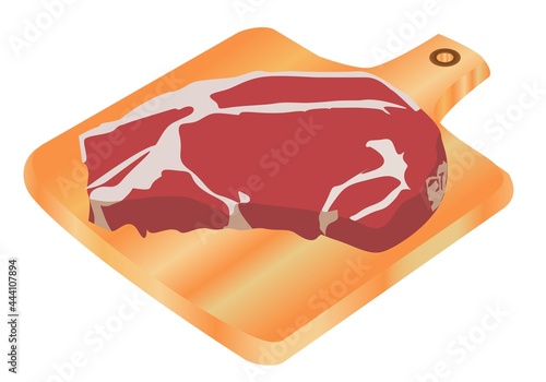 Chuletón o chuleta de ternera o vaca o buey o de cerdo sobre tabla de cortar de cocina