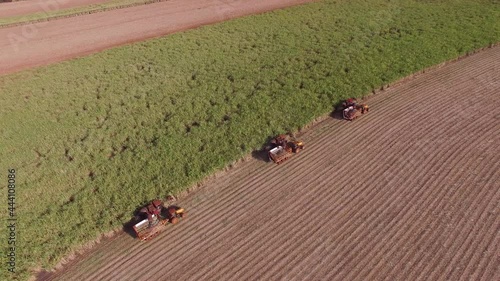 Sugar cane hasvest plantation with three machines view aerial photo