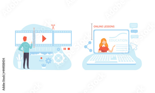 People Creating Video Content, Commercial Blog Posting Technology Process Flat Vector Illustration