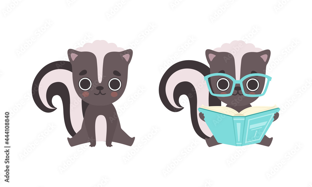 Naklejka premium Adorable Badger Activities Set, Cute Baby Animal Character Sitting on Floor and Reading Book Cartoon Vector Illustration