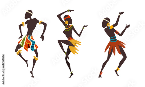 Set of African Man and Woman Dancing Ethnic Dance Set,s in Bright Traditional Clothing Performing Ritual Dance Cartoon Vector Illustration