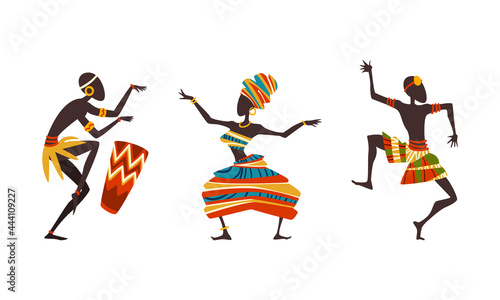 African People in Ritual Dance,s in Ethnic Traditional Clothing Dancing and Playing Drum Cartoon Vector Illustration