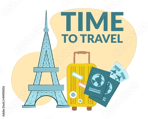 composition time to travel. Eiffel Tower with suitcases, passports and tickets.