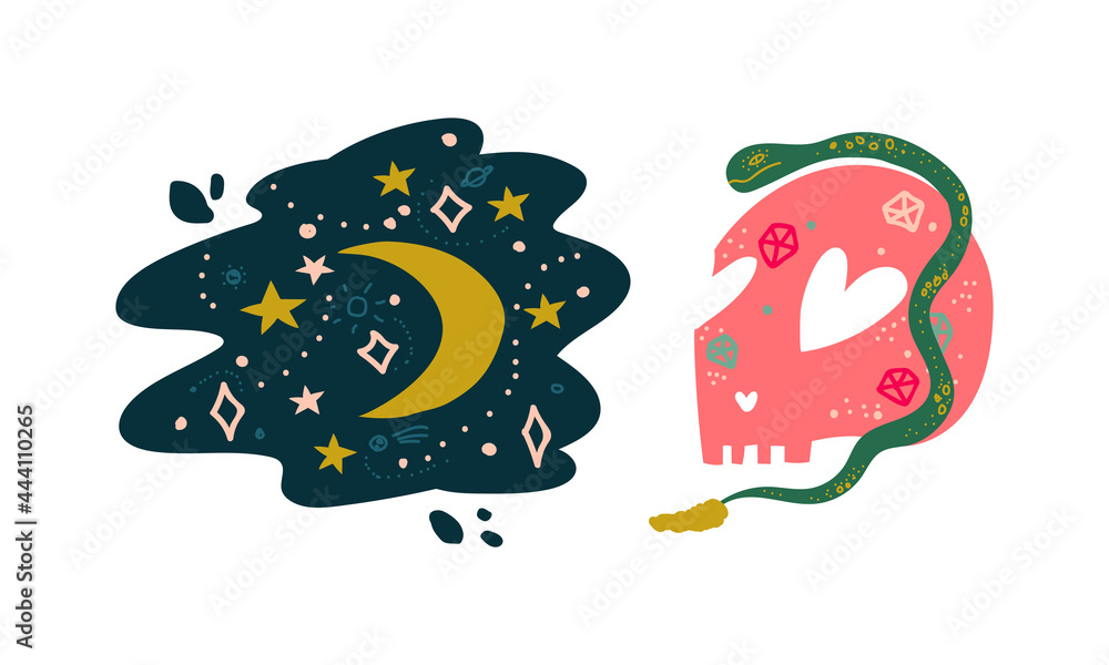 Fototapeta premium Snake, Skull and Starry Sky as Witchcraft Object for Spells and Performing Magical Rituals Vector Set