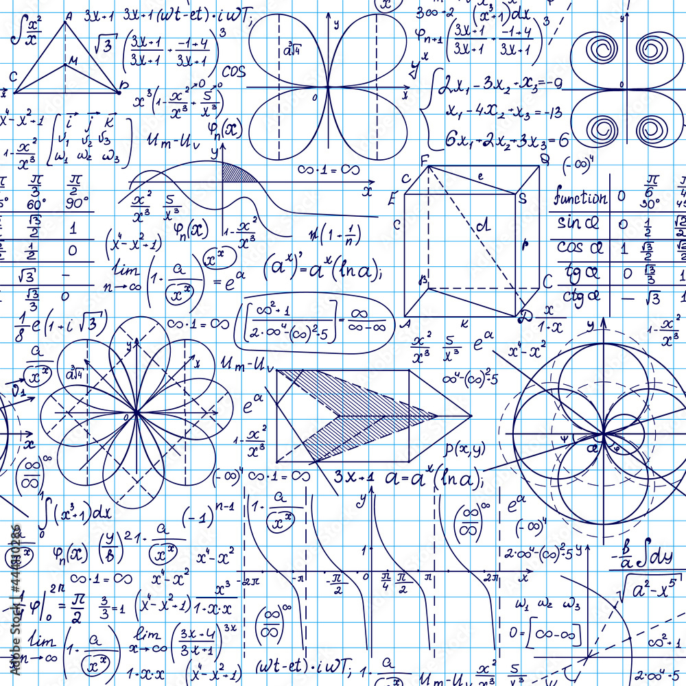 Math vector seamless pattern with geometrical figures, plots, equations, functions and calculations	
