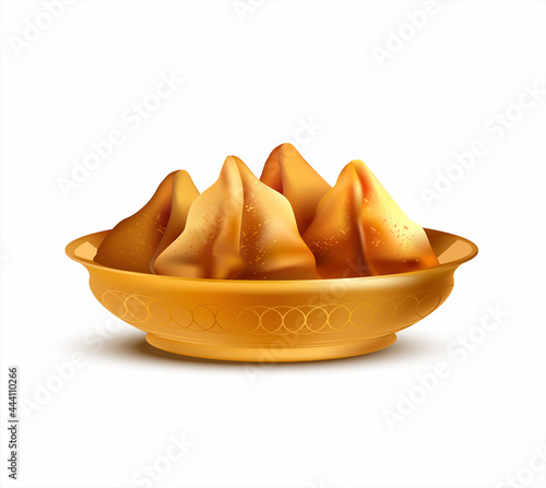 Plate with samosa isolated on white. Traditional Indian pies with filling. Vector illustration. 