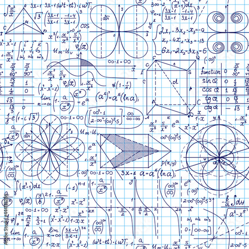 Math vector seamless pattern with geometrical figures, plots, equations, functions and calculations	
