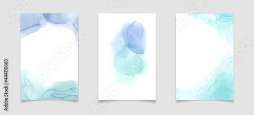 Teal blue and mint colored liquid watercolor background. Luxury minimal turquoise hand drawn fluid alcohol ink drawing effect. Vector illustration design template for wedding invitation © svetolk