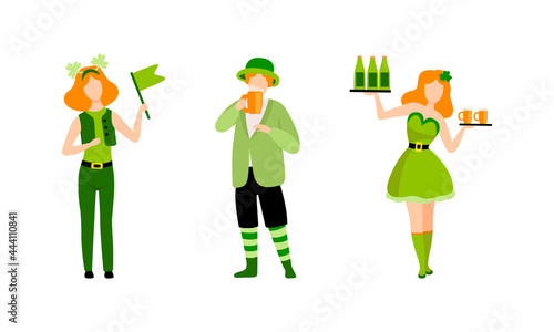 Set of Happy People in Green Irish National Costumes, Saint Patrick s Day Holiday Celebration Cartoon Vector Illustration