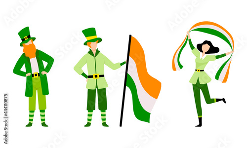 Set of Happy People in Green Irish National Costumes, Saint Patrick s Day Celebrating Holiday with Irish Flag Cartoon Vector Illustration