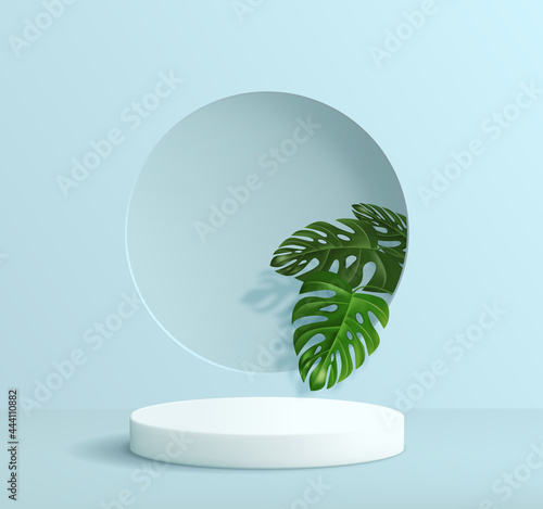 Abstract minimalistic background with a pedestal in blue tones. Empty podium for product display with tropical monstera leaf decorations.