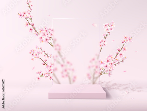 A realistic scene with a pedestal in pastel pink colors. Square platform with frosted glass and flowers in the background for product demonstration.
