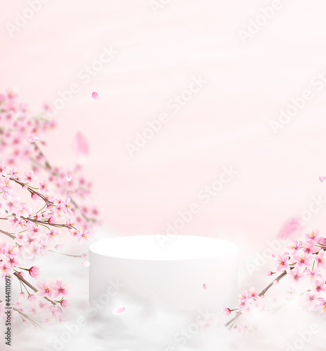 Abstract background in a minimalistic style with a podium in pink colors. Empty pedestal for product display with cherry blossoms and petals.