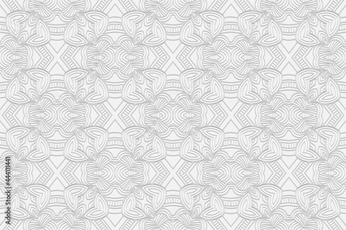 3D volumetric convex embossed geometric white background. Ethnic ornament. Pattern based on oriental motives. Original handmade style. Vector graphics for wallpapers, business cards, presentations.