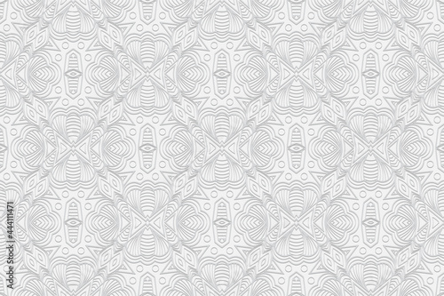 3D volumetric convex embossed geometric white background. Ethnic ornament. Pattern based on oriental motives. Handmade decorative style. Vector graphics for wallpapers, business cards, presentations.