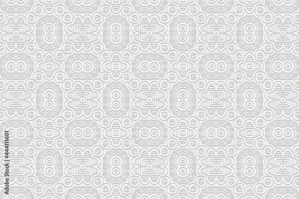 3D volumetric convex embossed geometric white background. Ethnic ornament. Pattern based on oriental motives. Exotic handmade style. Vector graphics for wallpapers, business cards, presentations.