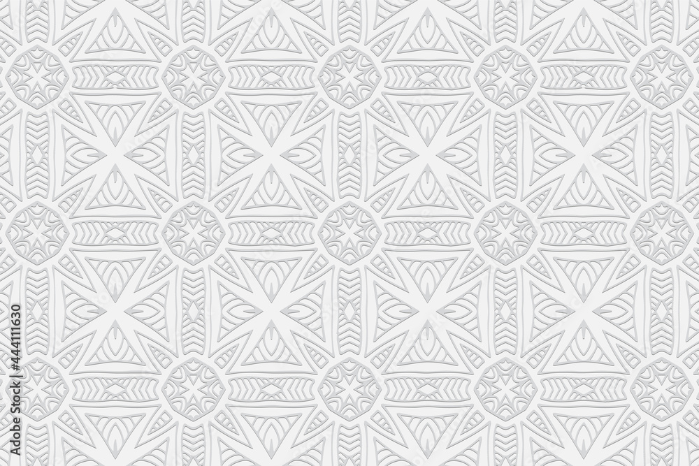 3D volumetric convex embossed geometric white background. Ethnic ornament. Pattern based on oriental motives. Charming handmade style. Vector graphics for wallpapers, business cards, presentations.