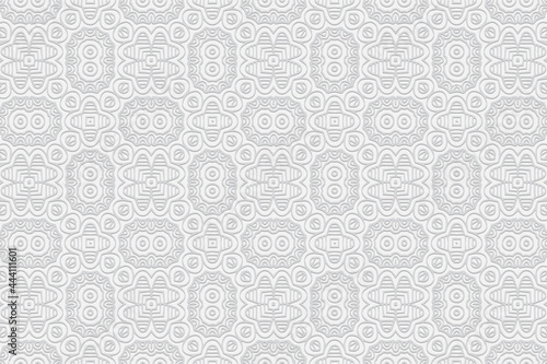 3D volumetric convex embossed geometric white background. Ethnic ornament. Pattern based on oriental motives. Exotic handmade style. Vector graphics for wallpapers, business cards, presentations.