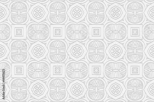 3D volumetric convex embossed geometric white background. Ethnic ornament. Pattern based on oriental motives. Beautiful handmade style. Vector graphics for wallpapers, business cards, presentations.