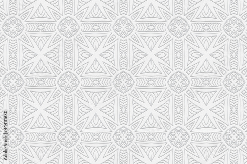 3D volumetric convex embossed geometric white background. Ethnic ornament. Pattern based on oriental motives. Charming handmade style. Vector graphics for wallpapers, business cards, presentations.