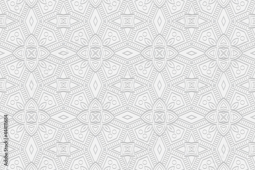 3D volumetric convex embossed geometric white background. Ethnic ornament. Pattern based on oriental motives. Handmade art style. Vector graphics for wallpaper, business cards, presentations.