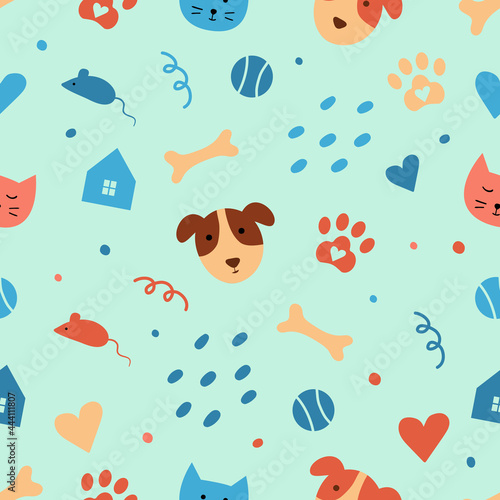 Seamless pattern with cute pets on a blue background. Vector illustration with cats and dogs and cute elements. Perfect for advertising a shelter,for pets shop decoration or pets products packing