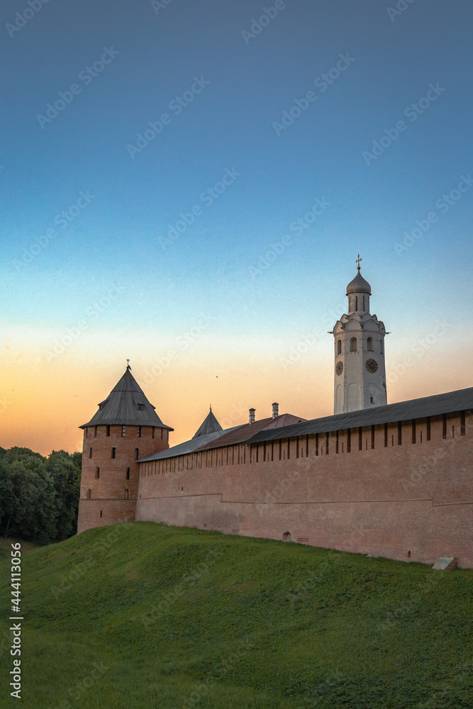 The evening view of old stone fortress Kremlin in Novgorod The evening view of old stone fortress Kremlin in Novgorod