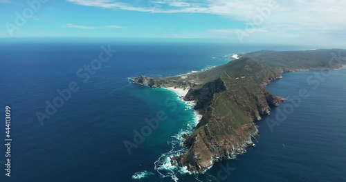 Aerial shot of the Cape Of Good Hope and Cape Point where Indian, South and Atlantic Oceans meet.