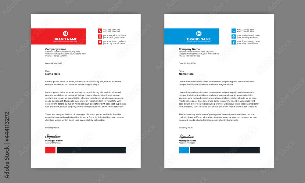 Professional Abstract corporate Letterhead template Design for  Advertising Company Profile Layout, Letterhead Design Simple, And Clean Print-ready with red and blue CMYK Color 1