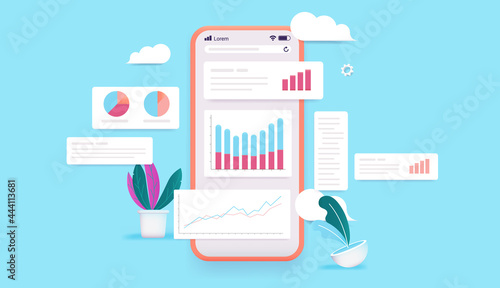 Smartphone with graphs and charts - Phone with screen full of data and infographic graphic elements. Colourful vector illustration.