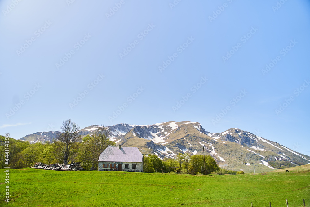 A lonely house in a green meadow against the backdrop of a mountain with snow. Montenegro