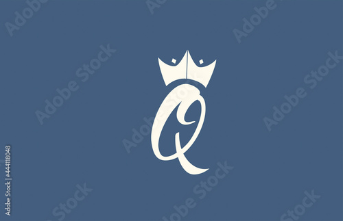 yellow blue hand written Q alphabet letter logo icon. Business typography with royal style king crown