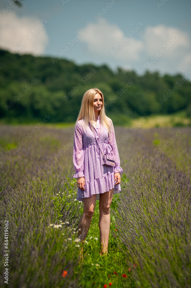 Beautiful fashion girl walking on a lavender Beautiful fashion girl walking on a lavender